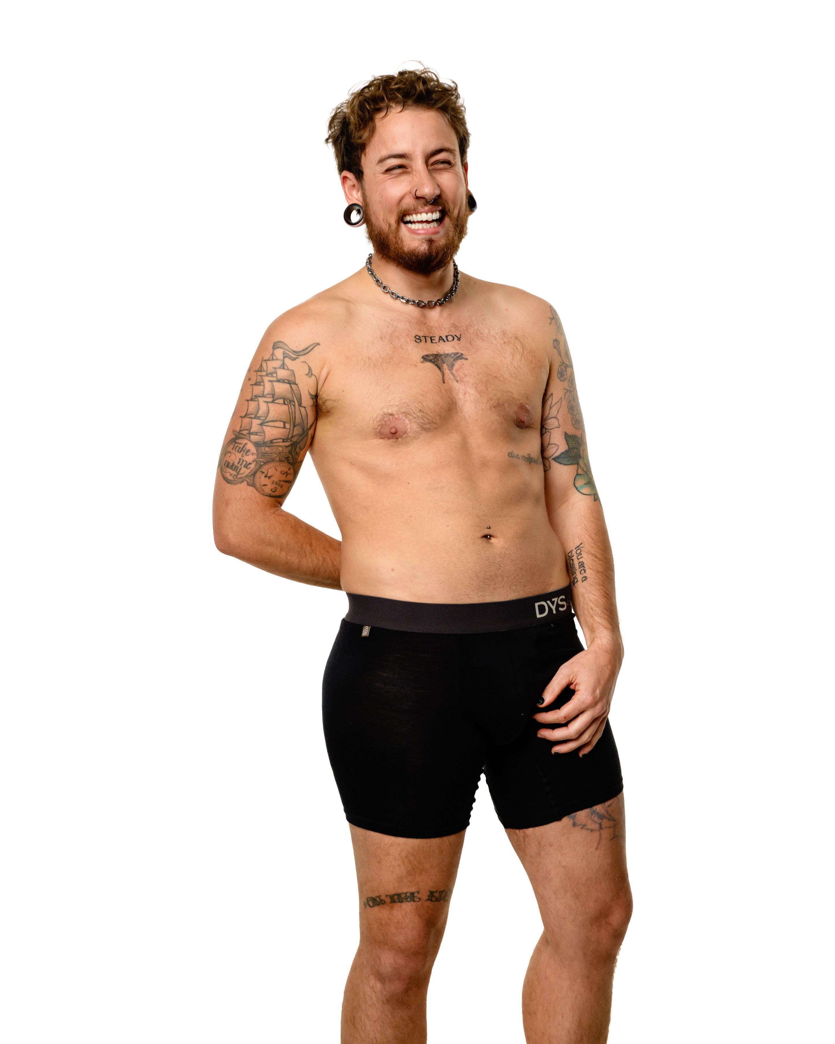 Muscular FTM transman wearing Dys4ick limited edition merino wool packing boxers, soft breathable packing underwear made with Australian wool