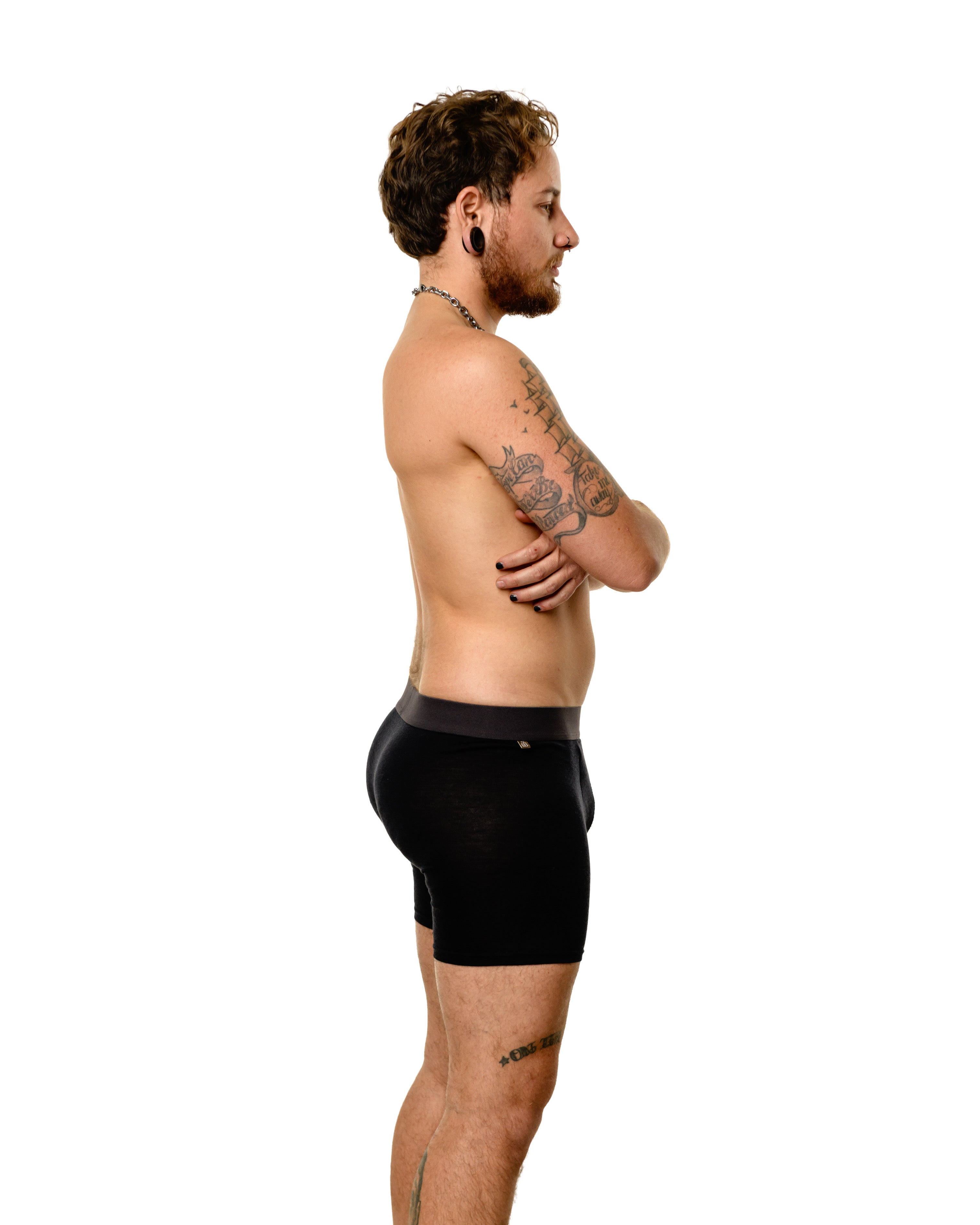 Trans man wearing Dys4ick limited edition Australian merino wool packing boxers, gender-affirming underwear from a trans-owned Australian brand